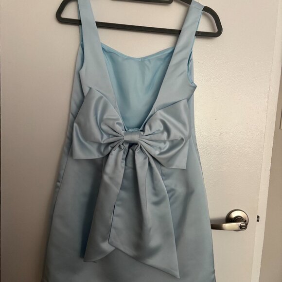 Satin Baby Blue Mini Dress with Open Back - Picture 2 of 5